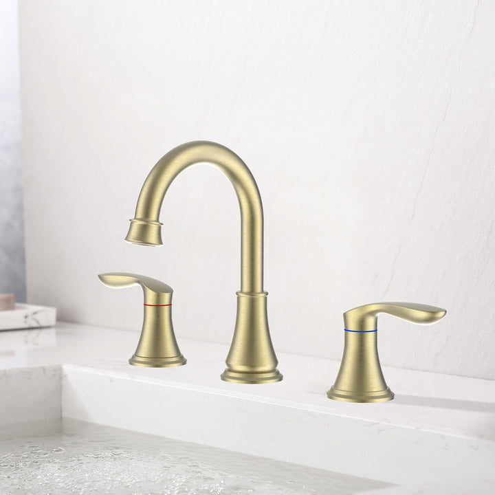 2-Handle 8 inch Widespread Bathroom Sink Faucet 3 Hole 360° Swivel Spout Vanity Sink Basin Faucets with Pop Up Drain Assembly