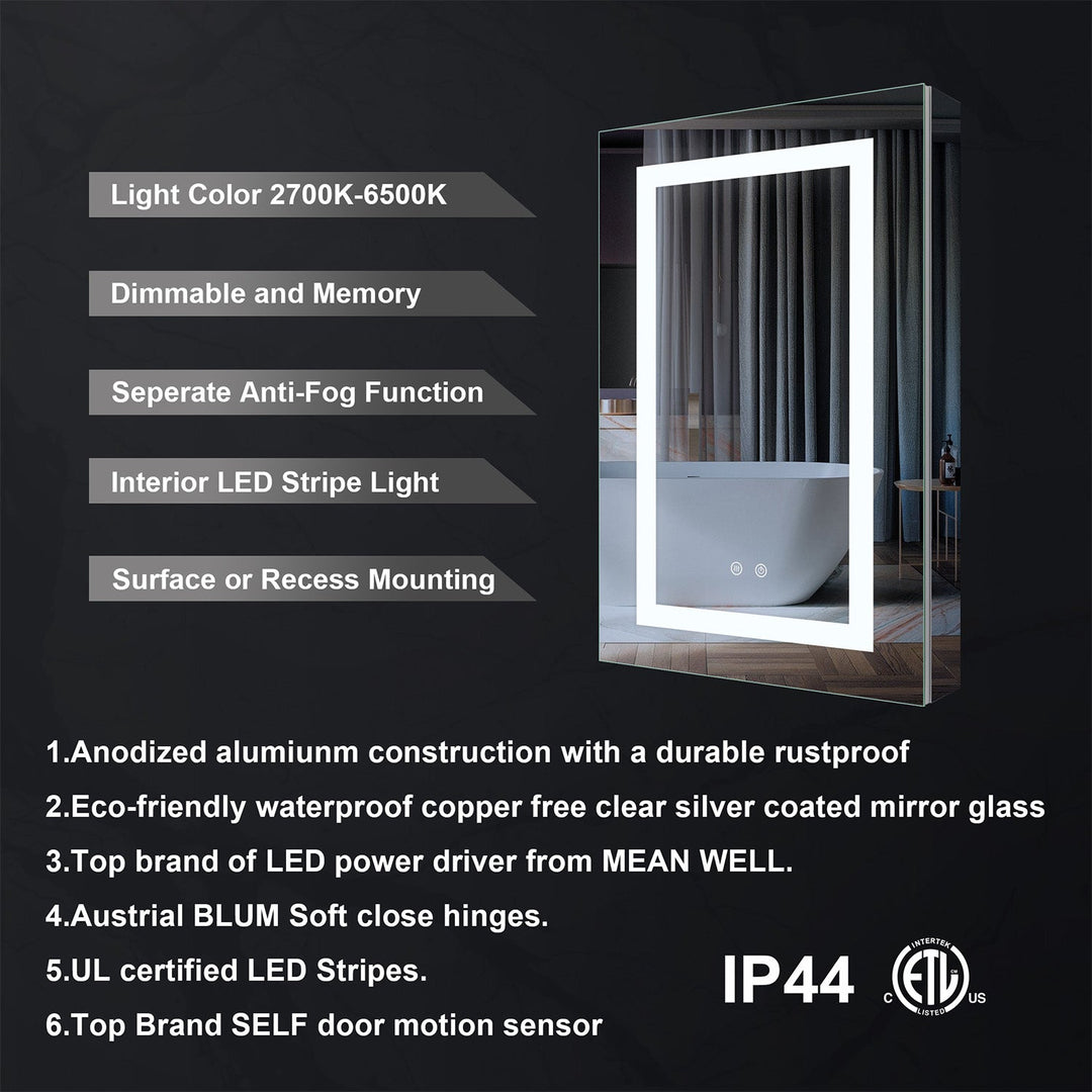 20" x 30" LED Lighted Surface/Recessed Mount Silver Mirrored Medicine Cabinet with Outlet Right Side