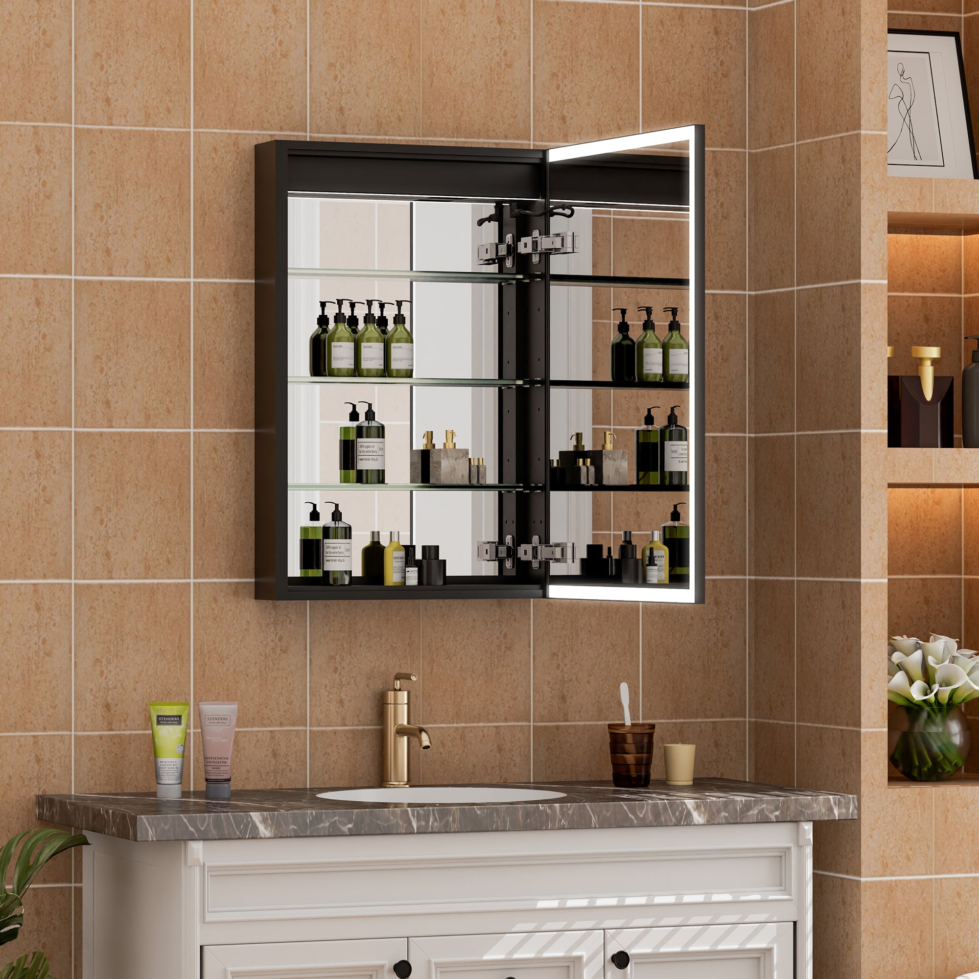 2-Pack 20 in. x 30 in. Black Aluminum Medicine Cabinet with Mirror and LED Light, Left+Right