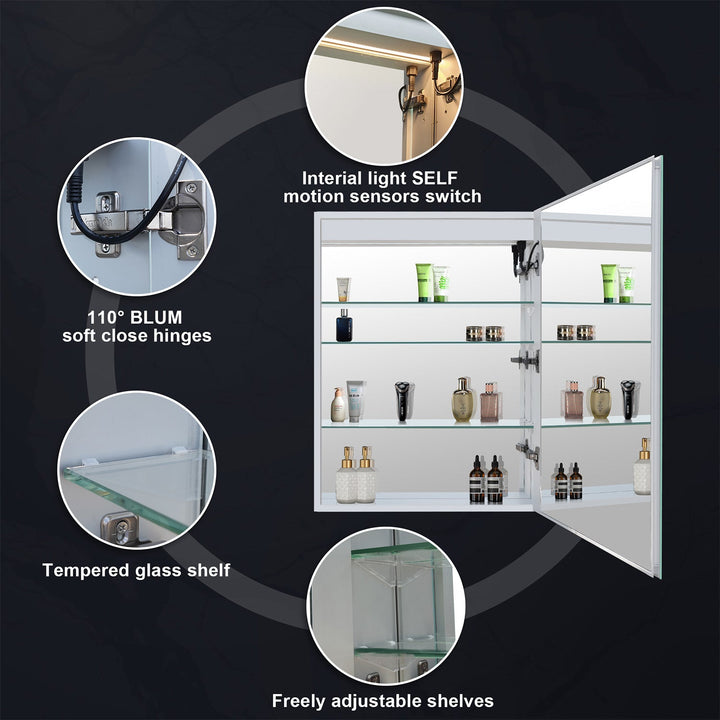 20" x 30" LED Lighted Surface/Recessed Mount Silver Mirrored Medicine Cabinet with Outlet Right Side