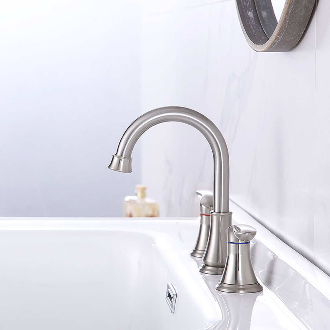 2-Handle 8 inch Widespread Bathroom Sink Faucet 3 Hole 360° Swivel Spout Vanity Sink Basin Faucets with Pop Up Drain Assembly