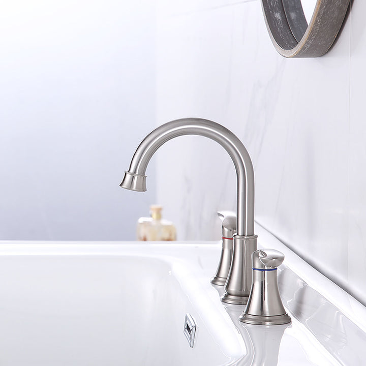 2-Handle 8 inch Widespread Bathroom Sink Faucet 3 Hole 360° Swivel Spout Vanity Sink Basin Faucets with Pop Up Drain Assembly