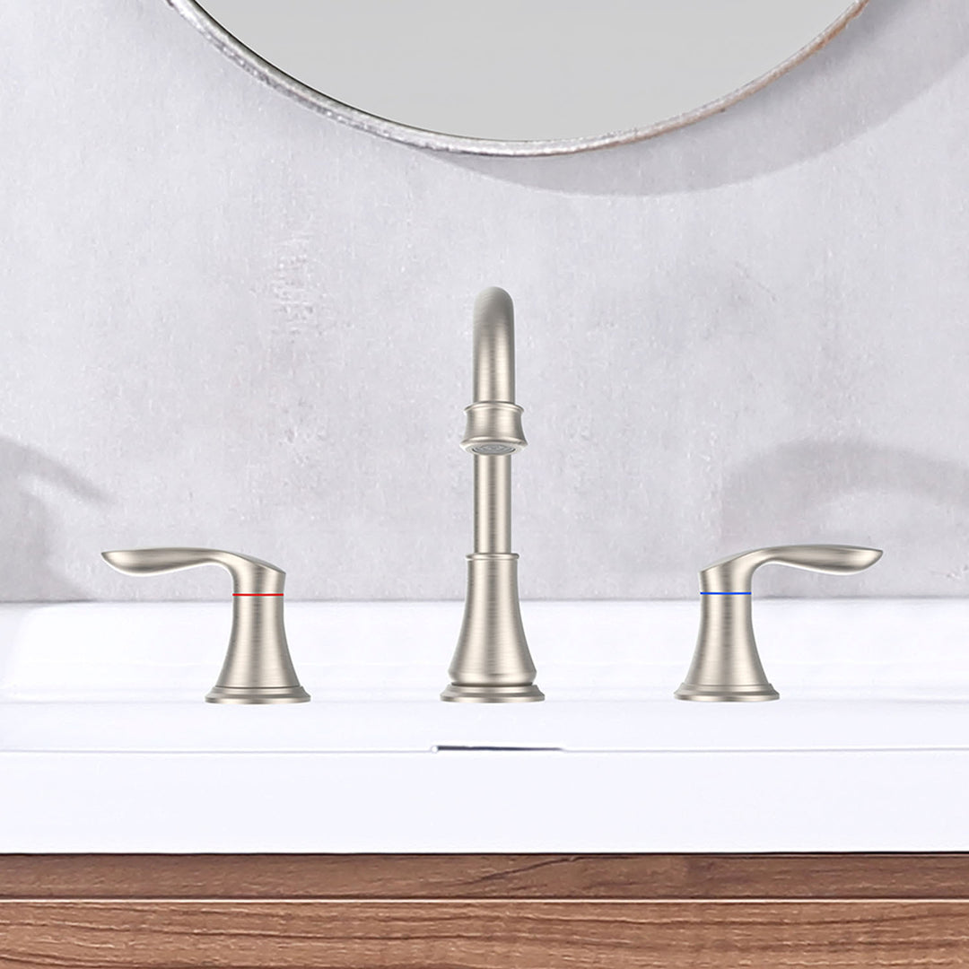 2-Handle 8 inch Widespread Bathroom Sink Faucet 3 Hole 360° Swivel Spout Vanity Sink Basin Faucets with Pop Up Drain Assembly