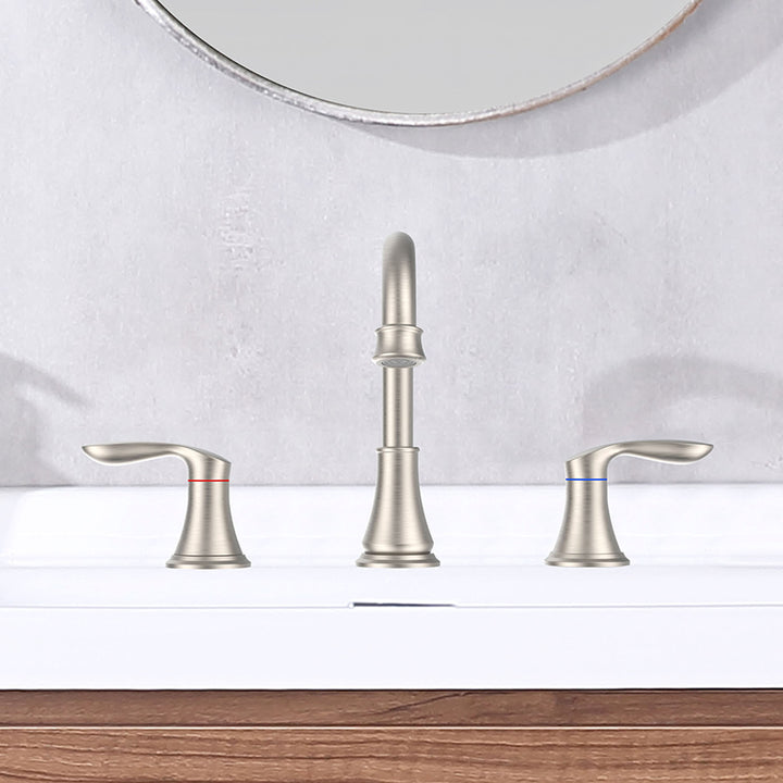 2-Handle 8 inch Widespread Bathroom Sink Faucet 3 Hole 360° Swivel Spout Vanity Sink Basin Faucets with Pop Up Drain Assembly