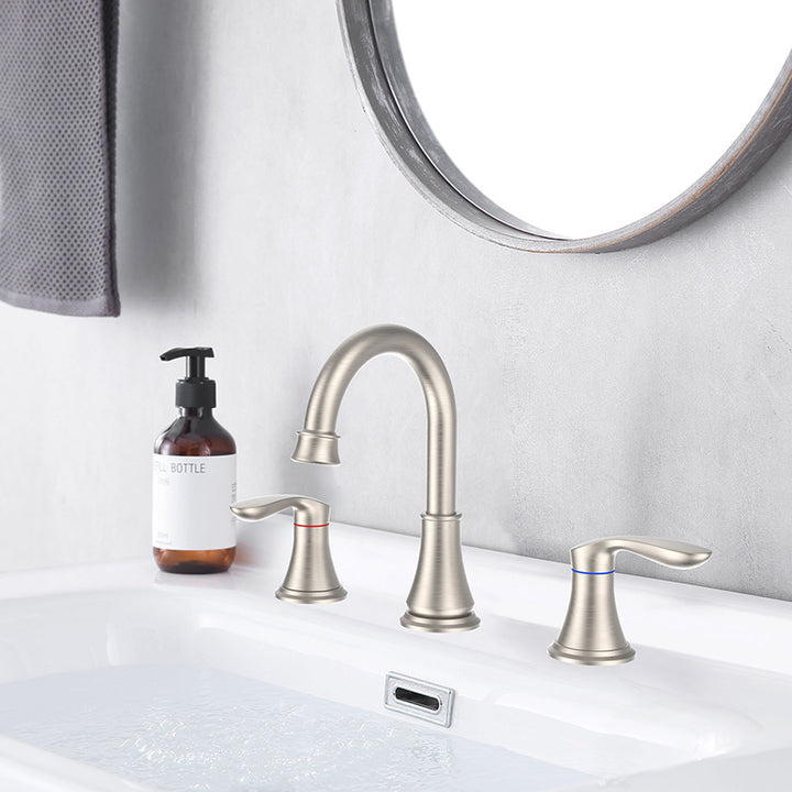 2-Handle 8 inch Widespread Bathroom Sink Faucet 3 Hole 360° Swivel Spout Vanity Sink Basin Faucets with Pop Up Drain Assembly