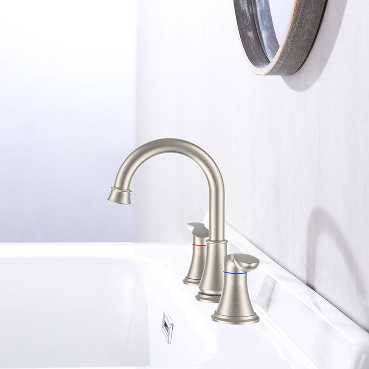 2-Handle 8 inch Widespread Bathroom Sink Faucet 3 Hole 360° Swivel Spout Vanity Sink Basin Faucets with Pop Up Drain Assembly