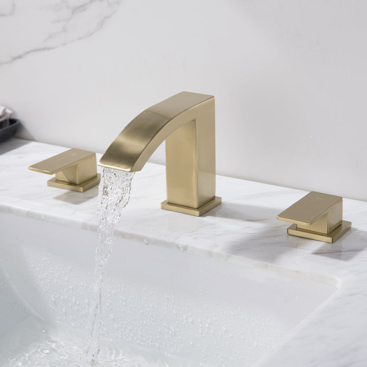 Waterfall Widespread 2 Handles Bathroom Sink Faucet Brushed Gold