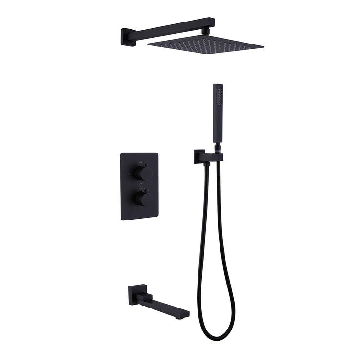 10 inch Wall Mounted Matte Black Thermostatic Shower System With Tub Spout