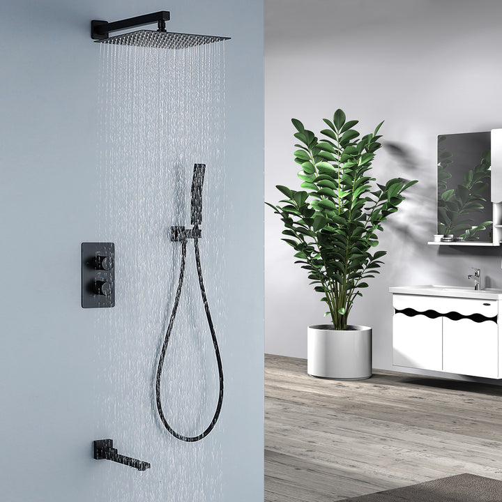 10 inch Wall Mounted Matte Black Thermostatic Shower System With Tub Spout
