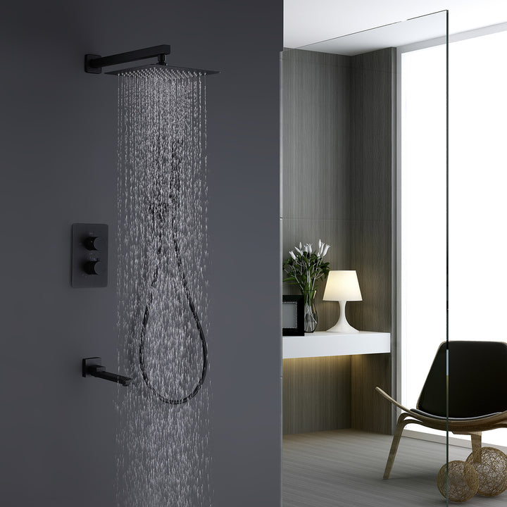10 inch Wall Mounted Matte Black Thermostatic Shower System With Tub Spout
