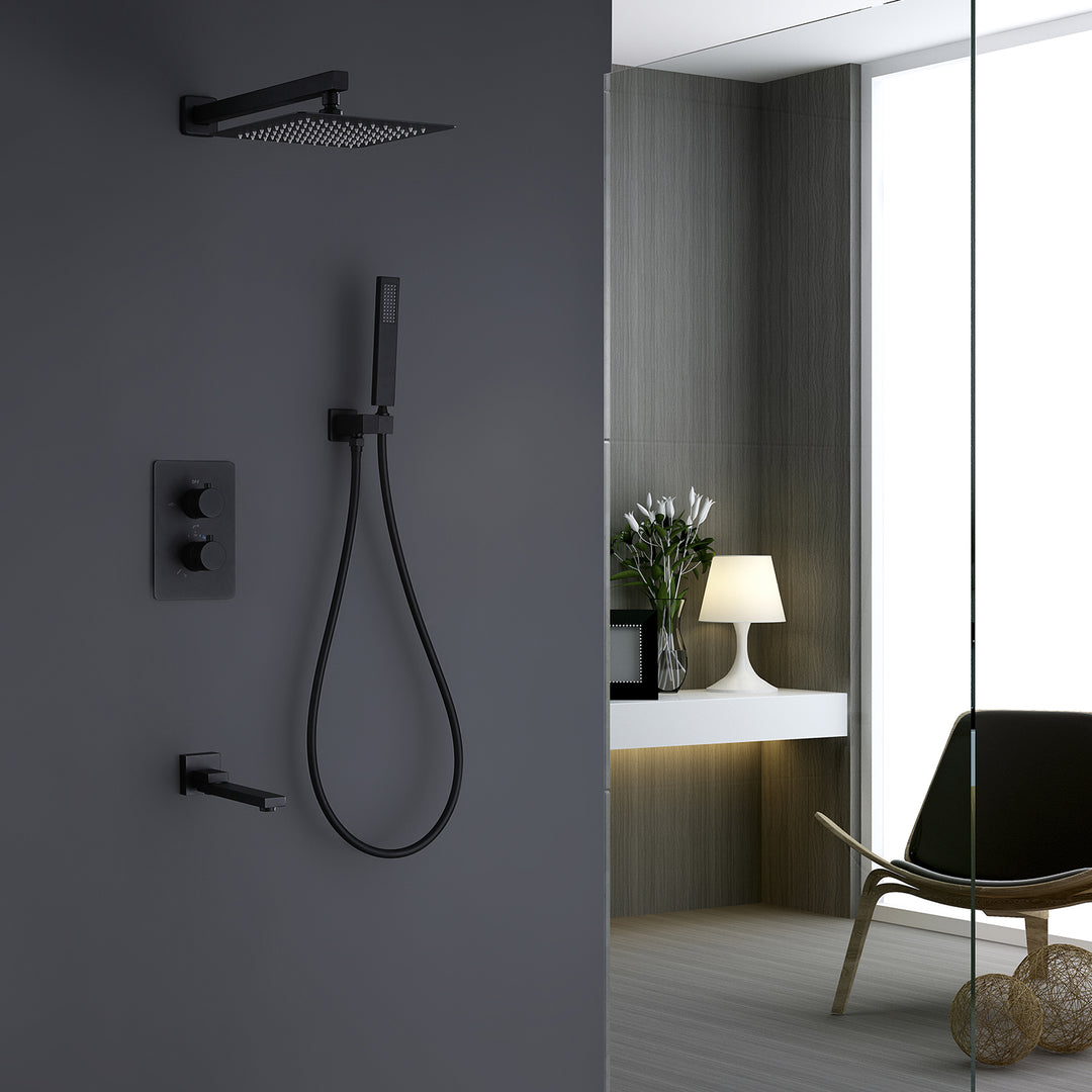 10 inch Wall Mounted Matte Black Thermostatic Shower System With Tub Spout