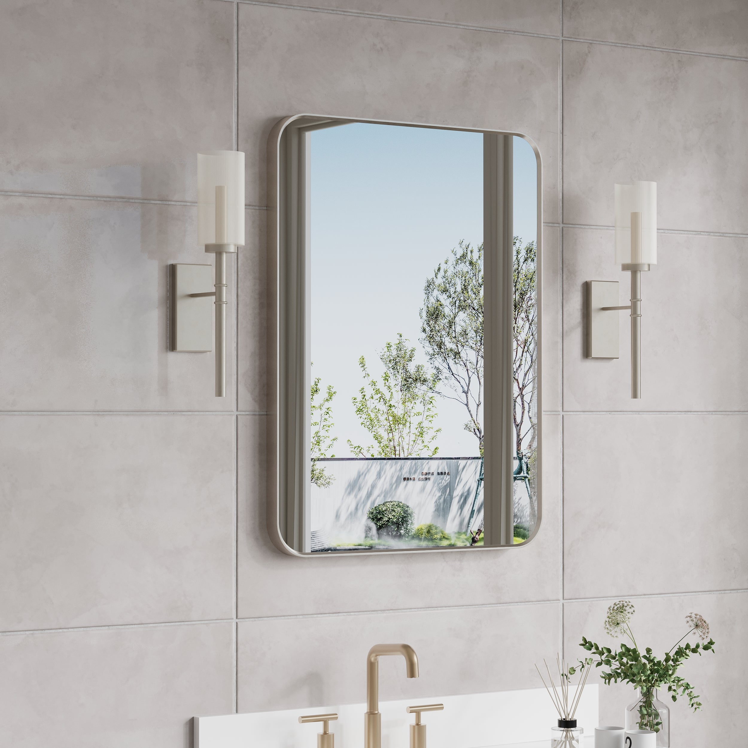 24-in W x 32-in H Brushed Nickel Rectangular Framed Bathroom Vanity Mirror