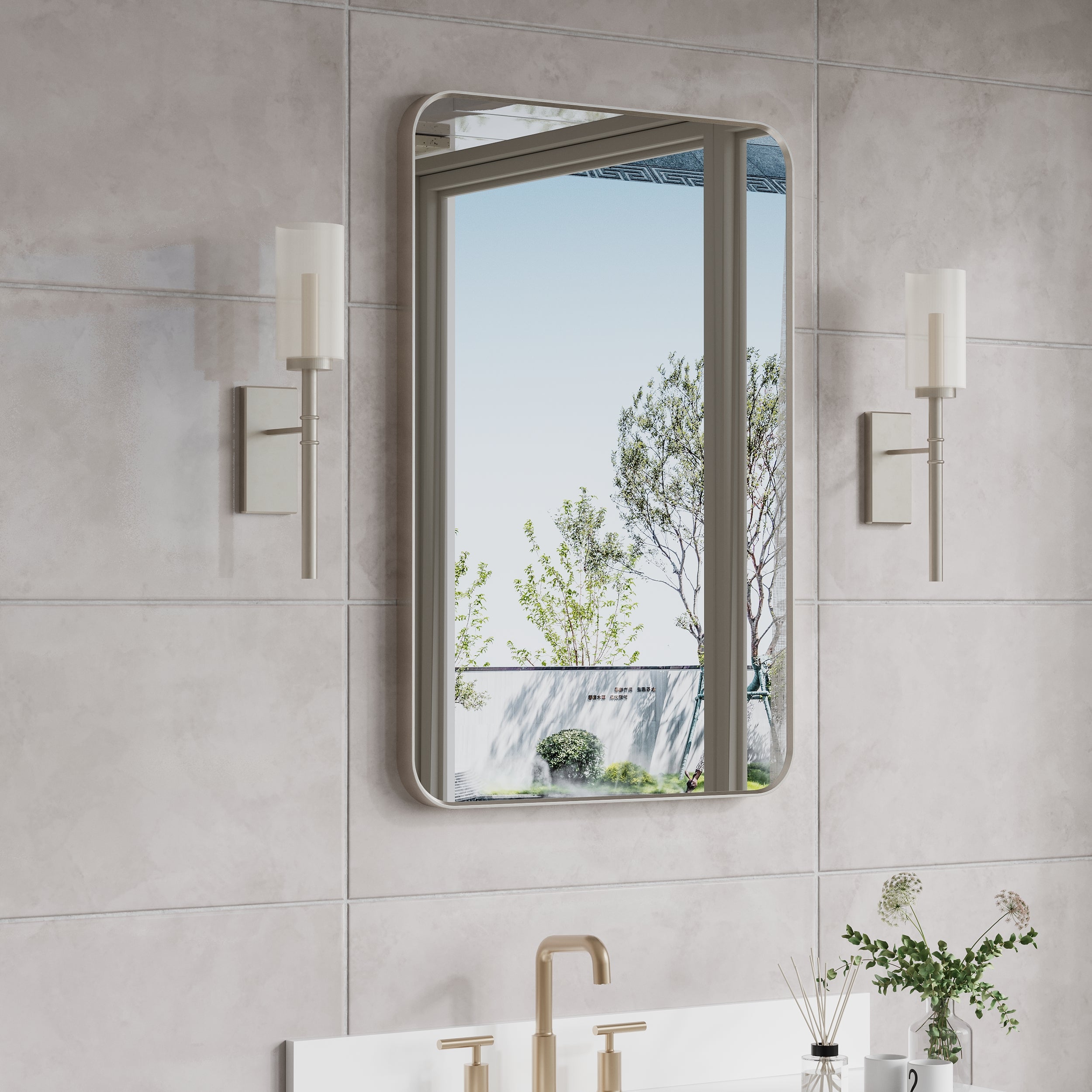 24-in W x 36-in H Brushed Nickel Rectangular Framed Bathroom Vanity Mirror