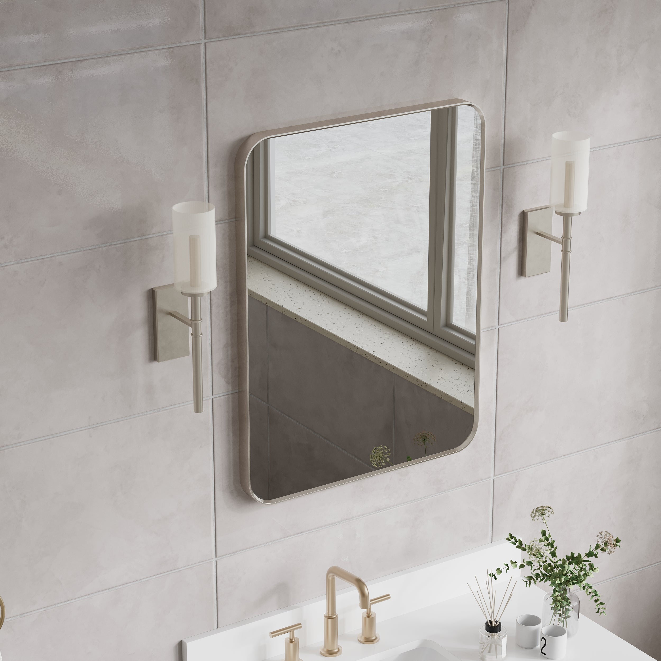 24-in W x 32-in H Brushed Nickel Rectangular Framed Bathroom Vanity Mirror