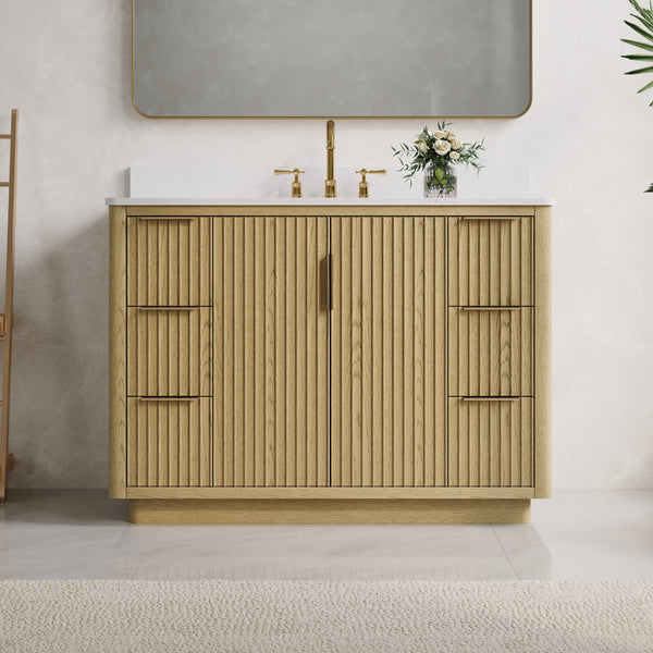 48 in. Oak Freestanding Solid Wood Bathroom Vanity with Carrara White Quartz Countertop