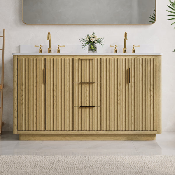 60 in. Oak Freestanding Solid Wood Bathroom Vanity with Carrara White Quartz Countertop