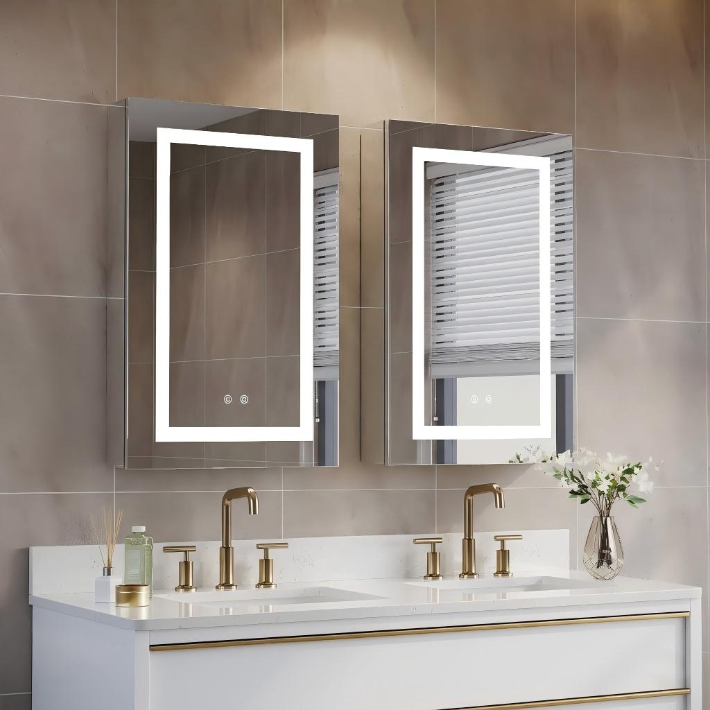 2-Pack 20 in. x 30 in. LED Lighted Surface/Recessed Mount Silver Mirrored Medicine Cabinet, Left Hinge+Right Hinge