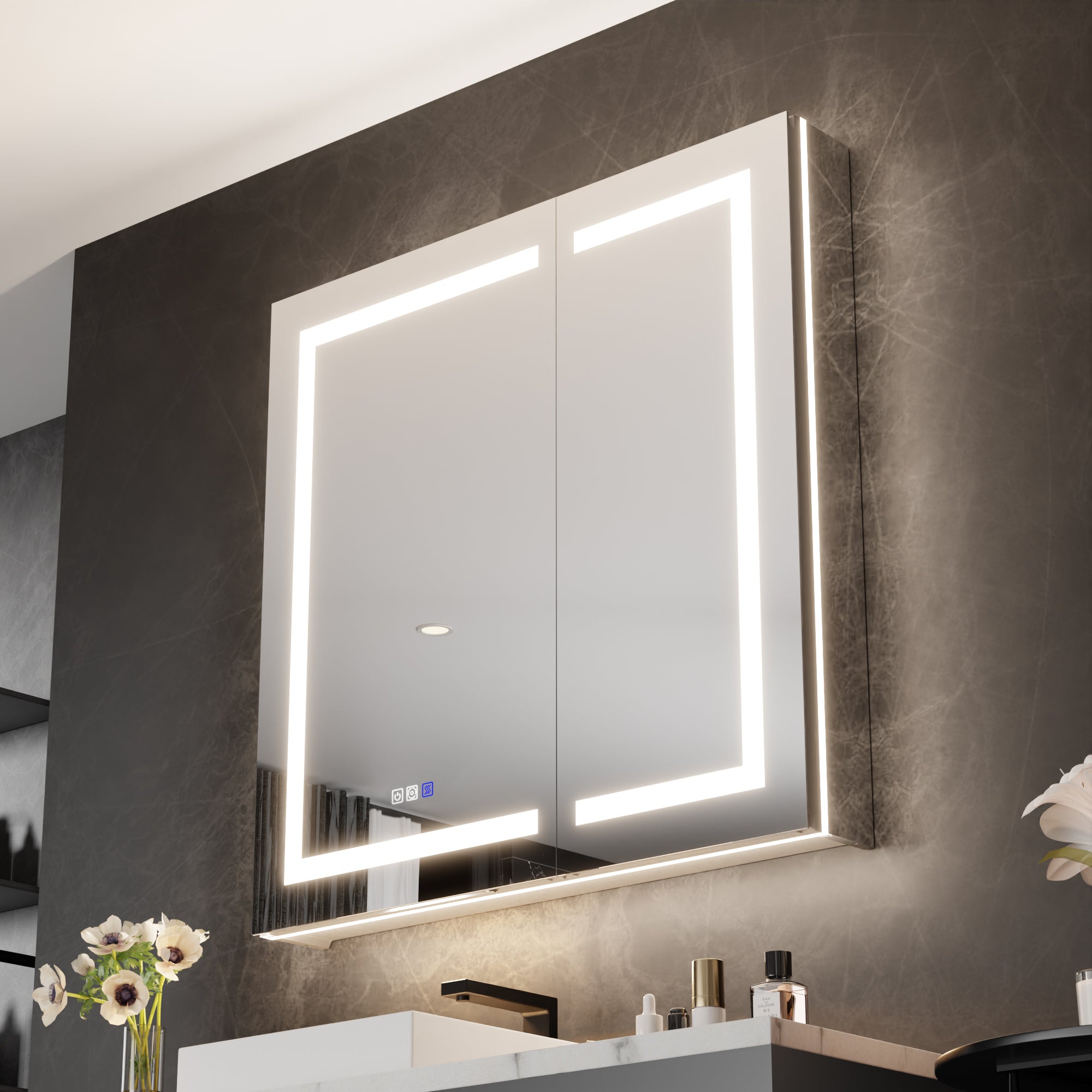 WELLFOR 36 in. x 36 in. Recessed/Surface Mount Right Medicine Cabinet with 5X Magnifier Mirror and Night Light