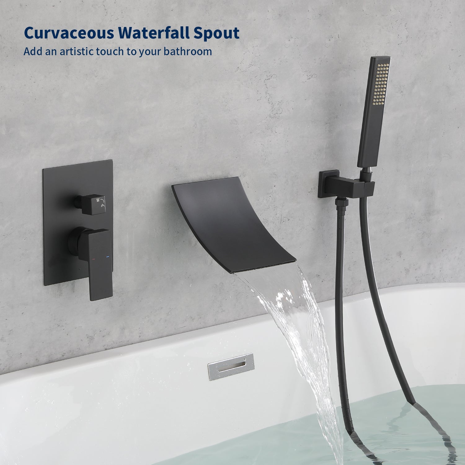 Matte Black High Flow Tub Faucet Set with Waterfall Shower Head and Handheld Shower