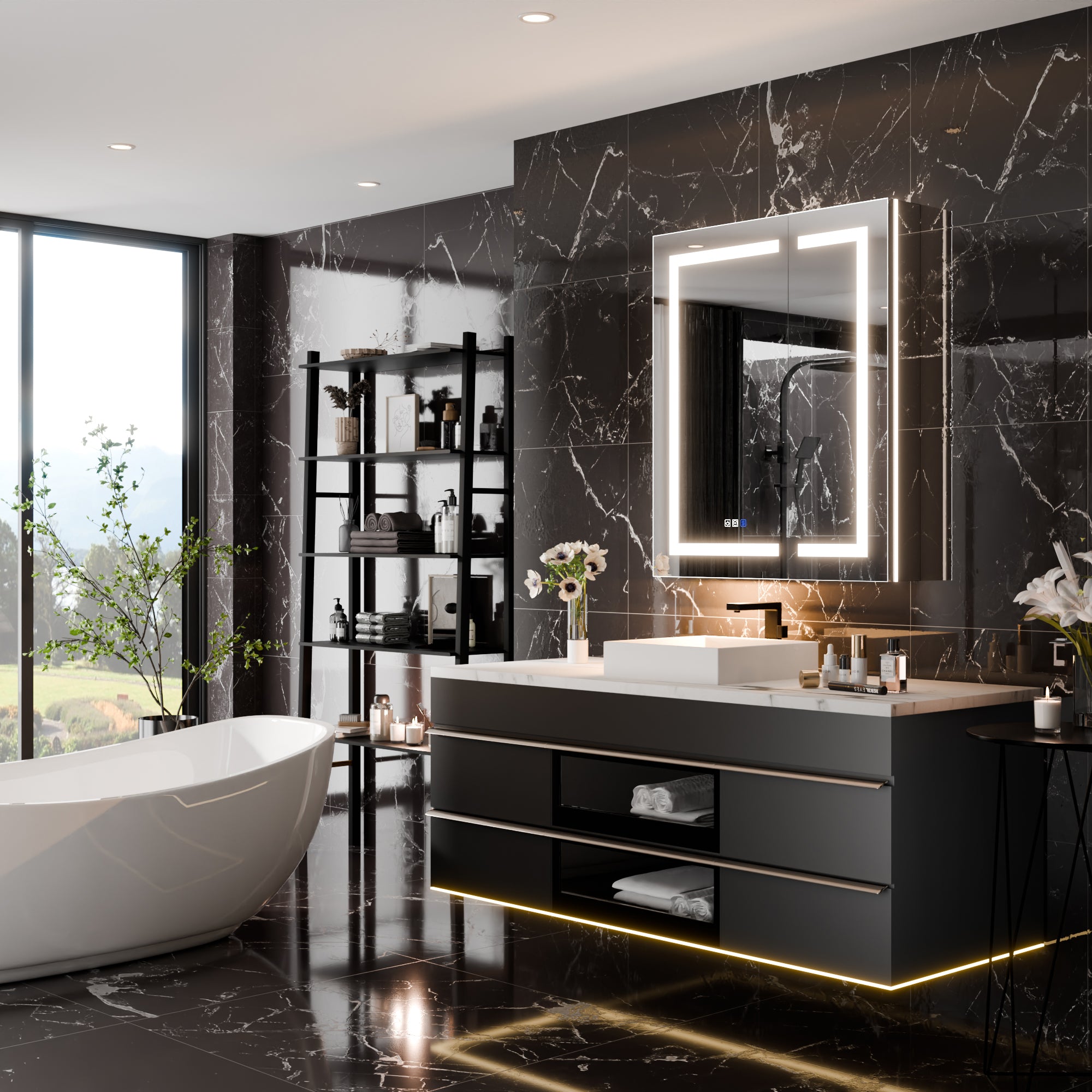 WELLFOR 30 in. x 36 in. Recessed/Surface Mount LED Medicine Cabinet with Magnifier Mirror