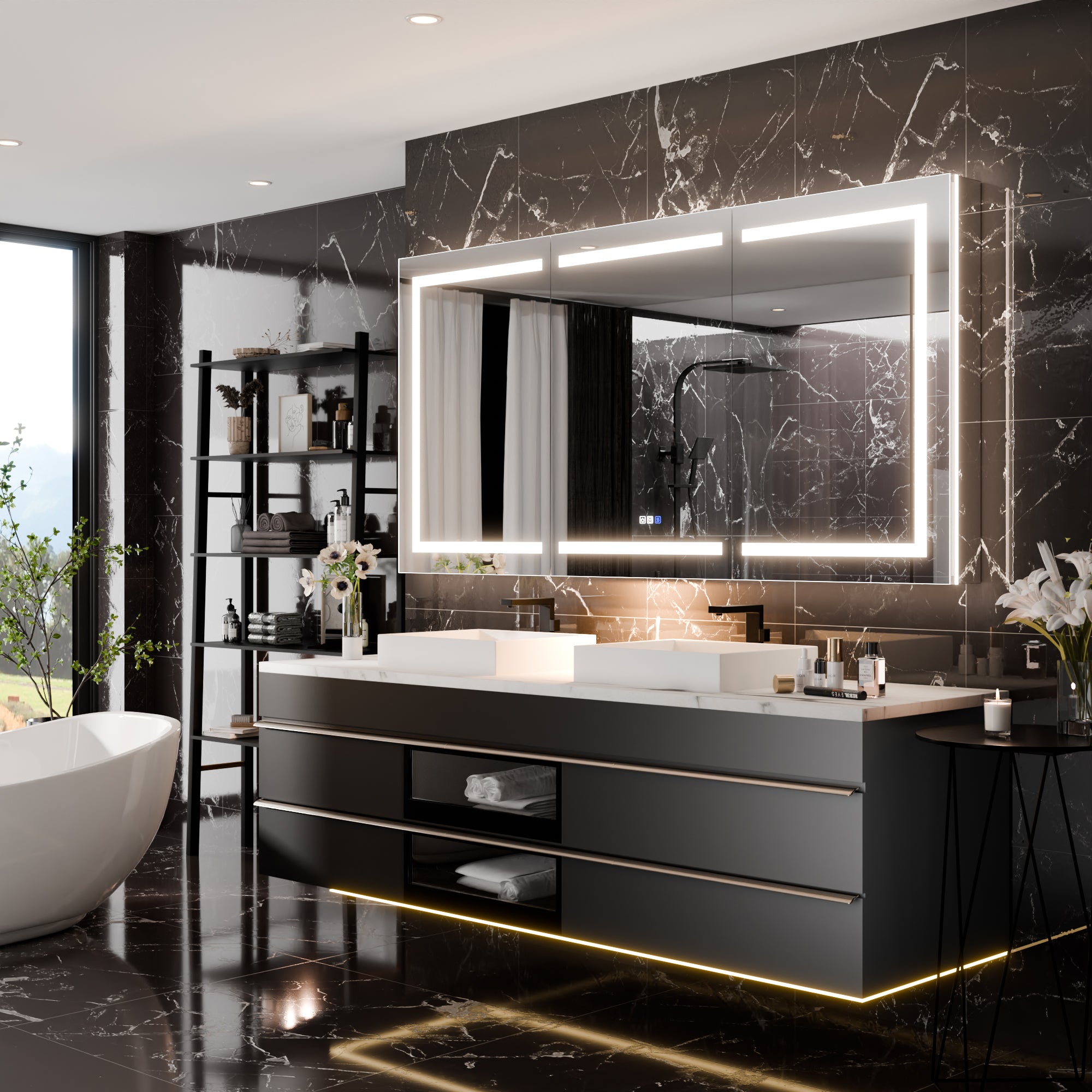 WELLFOR 72 in. x 36 in. Recessed/Surface Mount Right Medicine Cabinet with 5X Magnifier Mirror and Night Light