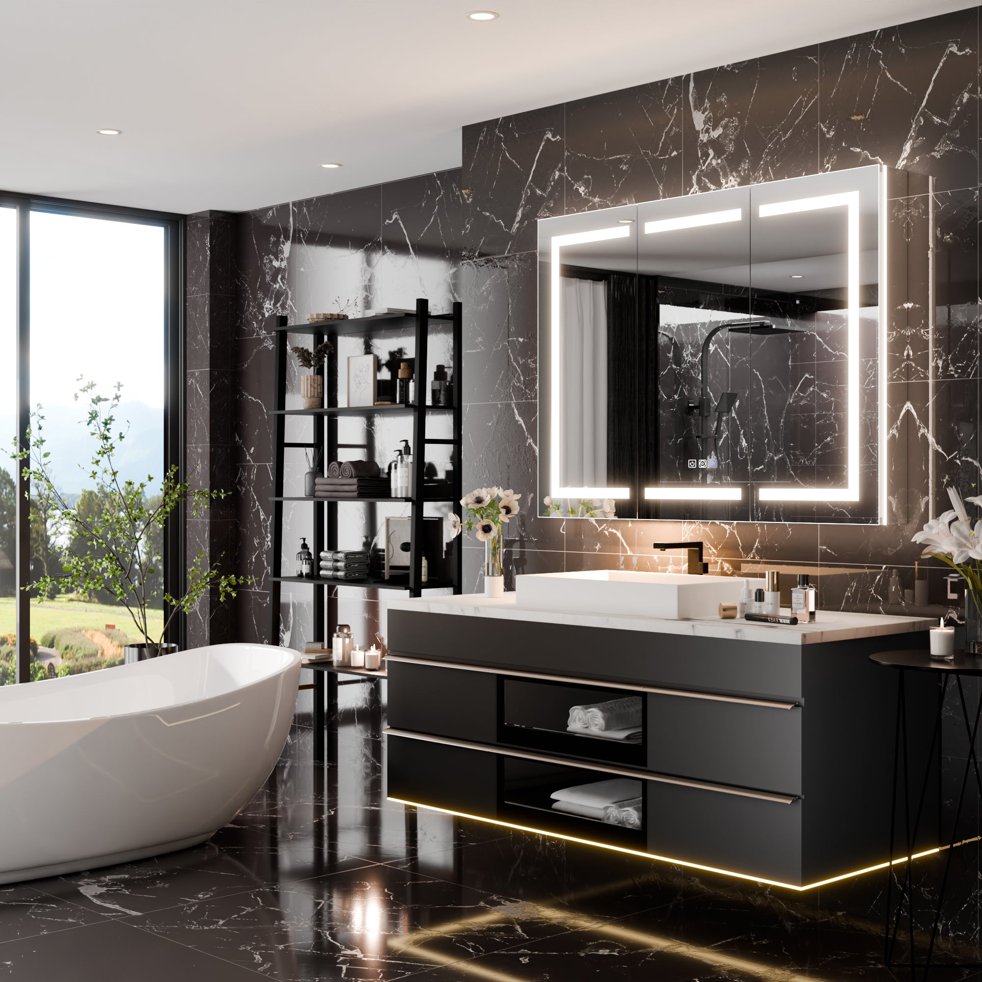 WELLFOR 48 in. x 36 in. Recessed/Surface Mount Right Medicine Cabinet with 5X Magnifier Mirror and Night Light