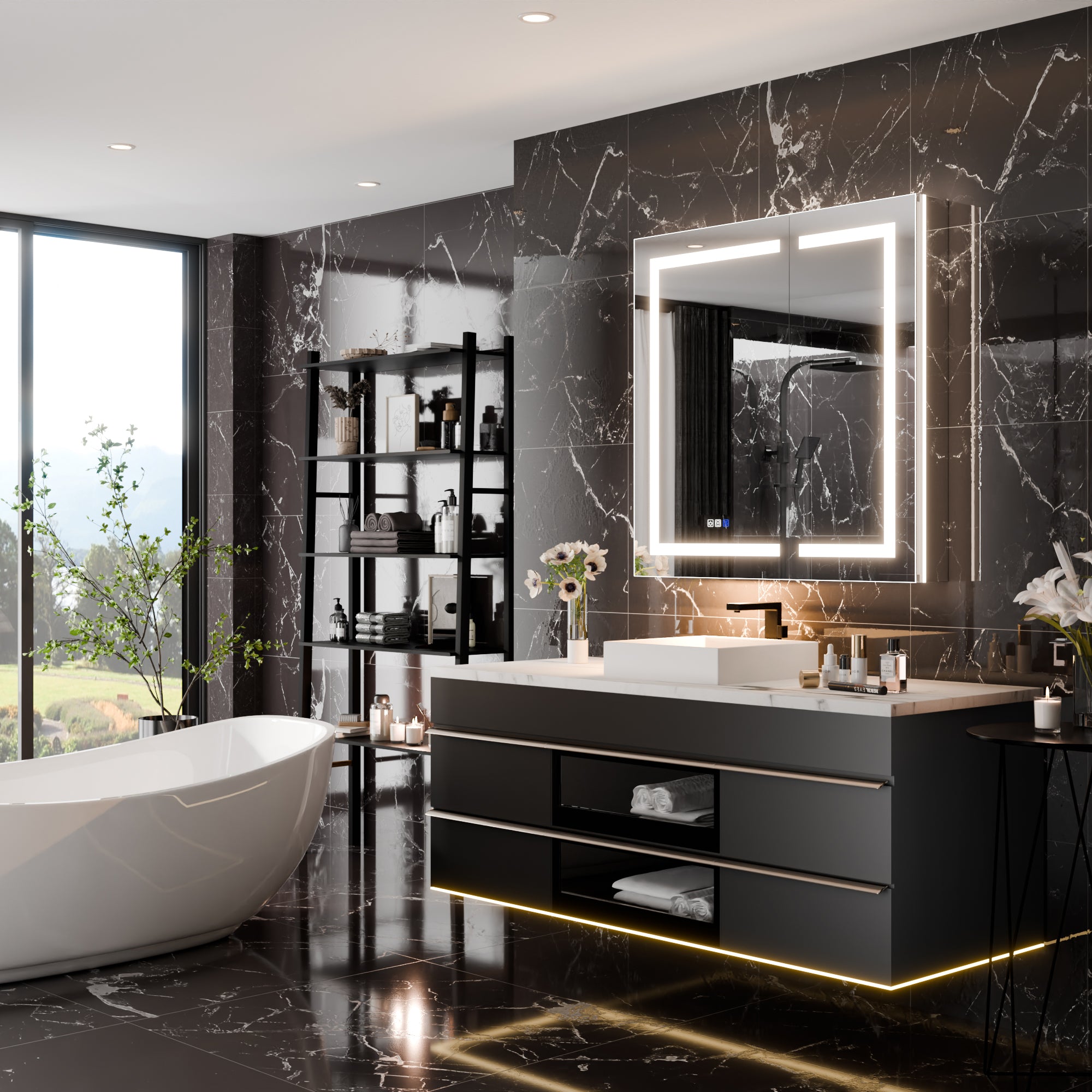 WELLFOR 36 in. x 36 in. Recessed/Surface Mount Right Medicine Cabinet with 5X Magnifier Mirror and Night Light