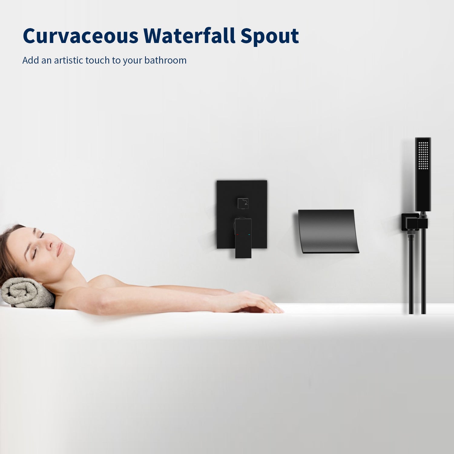 Male NPT Waterfall Shower Head Handheld Matte Black High Flow Tub Faucet