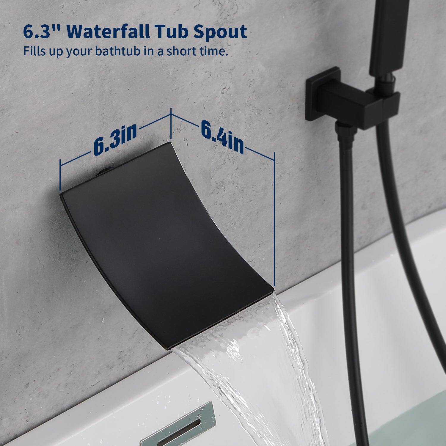 Male NPT Waterfall Shower Head Handheld Matte Black High Flow Tub Faucet
