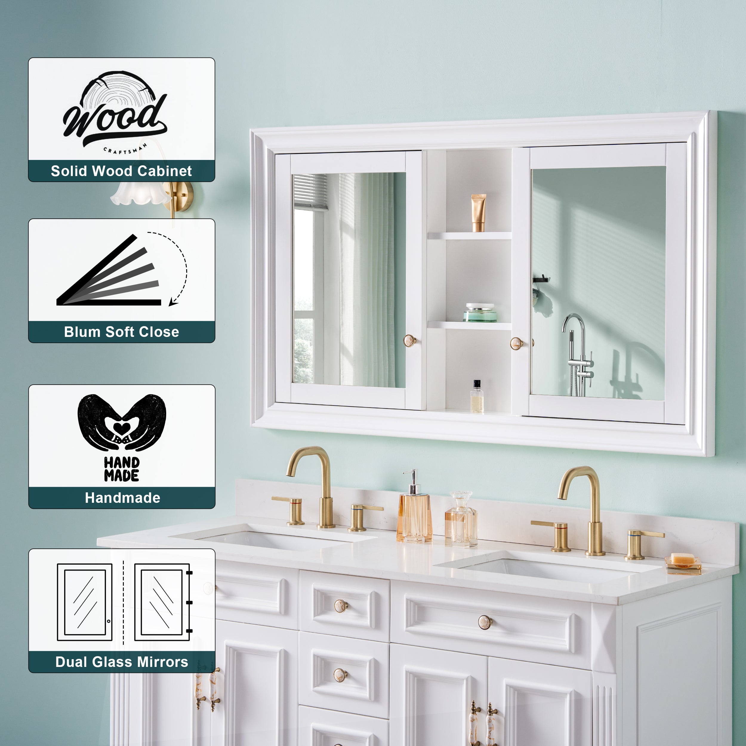 55 in.W x 32 in.H Recessed Bathroom Medicine Cabinet with Mirror in White