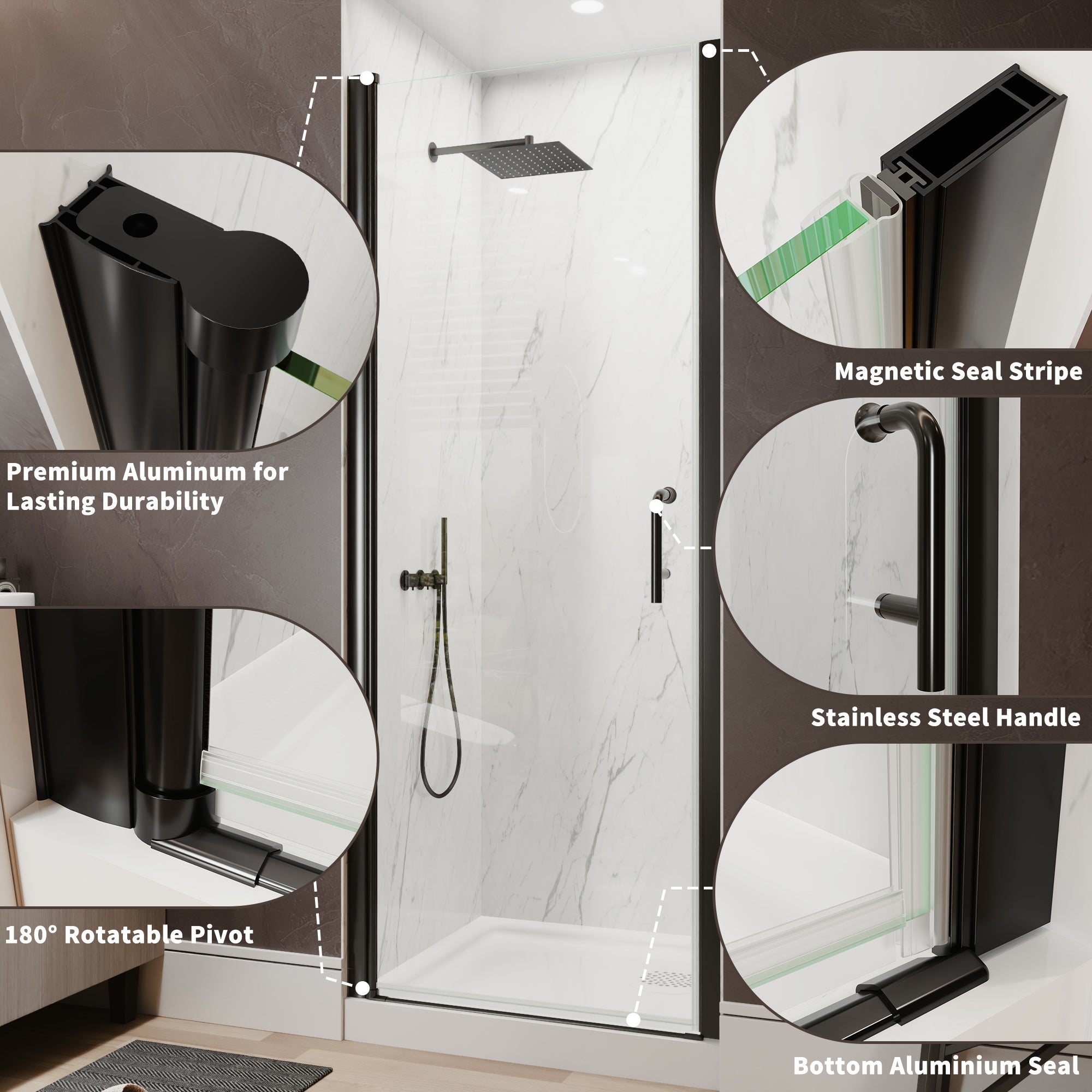 30-32 in. W x 72 in. H Semi-Frameless Pivot Shower Door with 1/4 in SGCC Tempered Glass, Reversible Installation, Matte Black