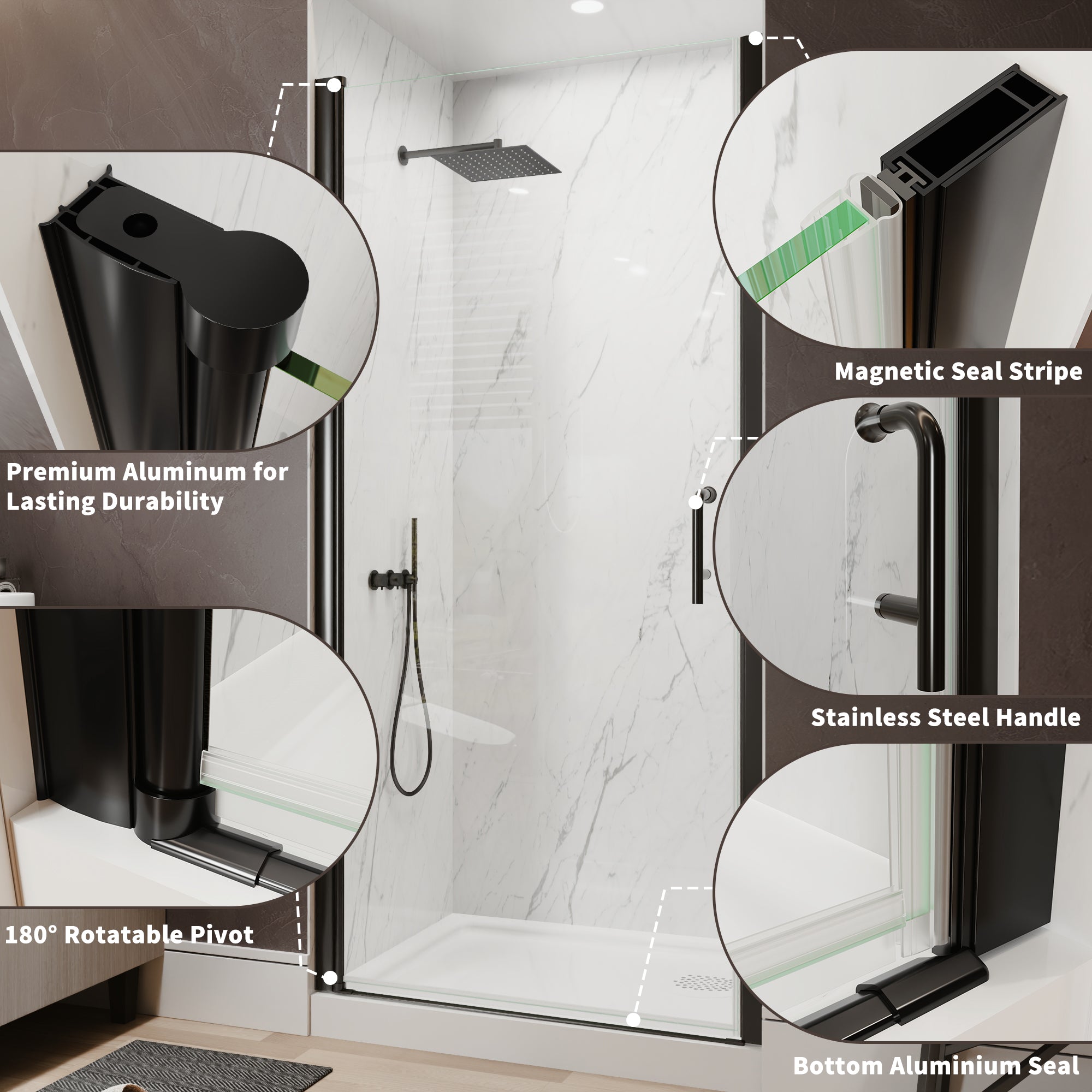 36-38 in. W x 72 in. H Matte Black Pivot Shower Door with 1/4 Inch Tempered Safety Clear Glass