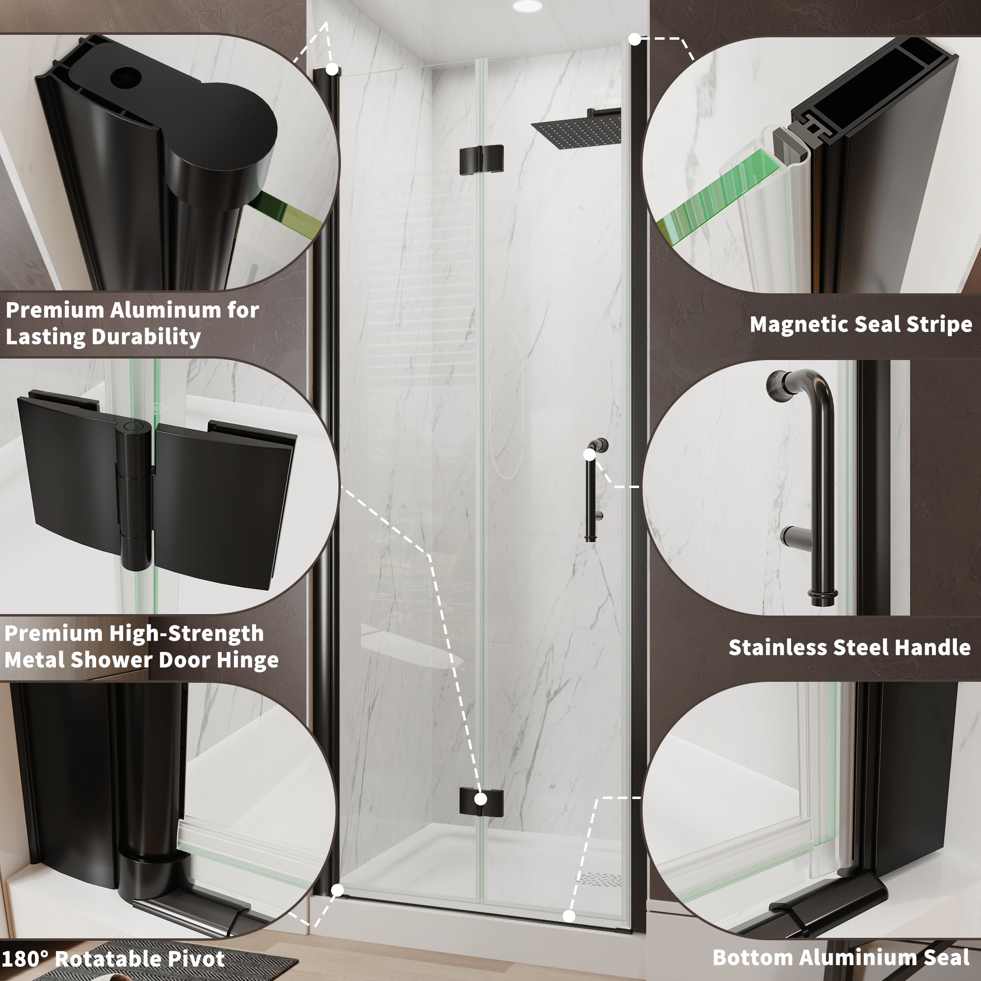 36-38 in. W x 72 in. H Modern Semi-Frameless 1/4 in. Tempered Glass Bifold Pivot Shower Door with Reversible Installation, Matte Black