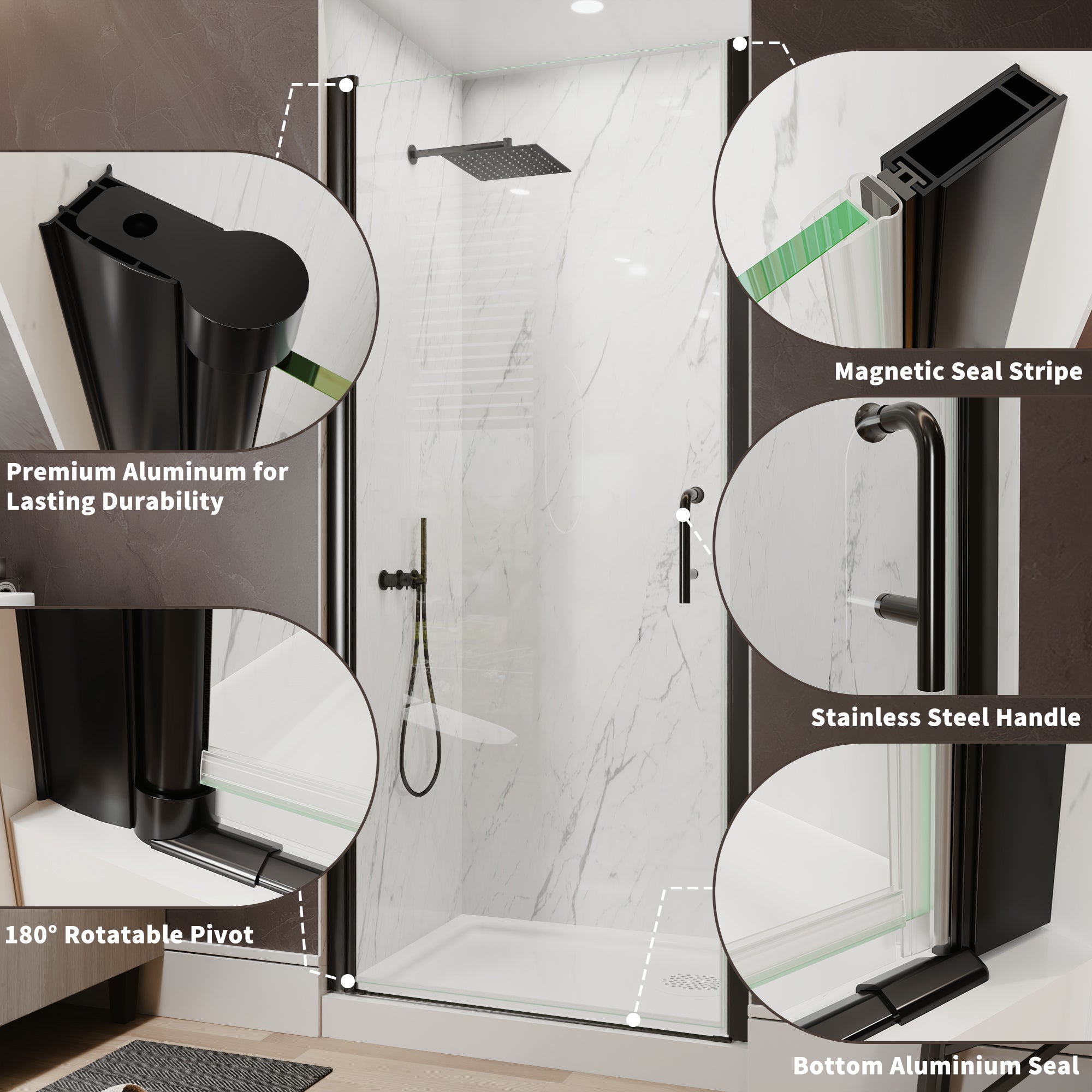 34-36 in. W x 72 in. H Semi-Frameless Pivot Shower Door with 1/4 in SGCC Tempered Glass, Reversible Installation, Matte Black