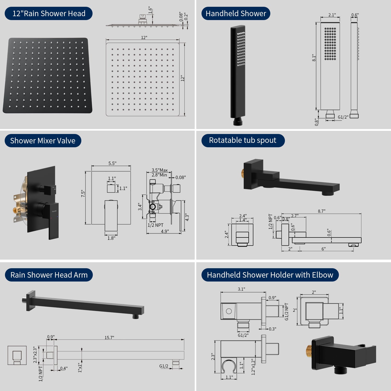 Matte Black Shower System with 10/12 Inch Rain and Handheld Shower Head