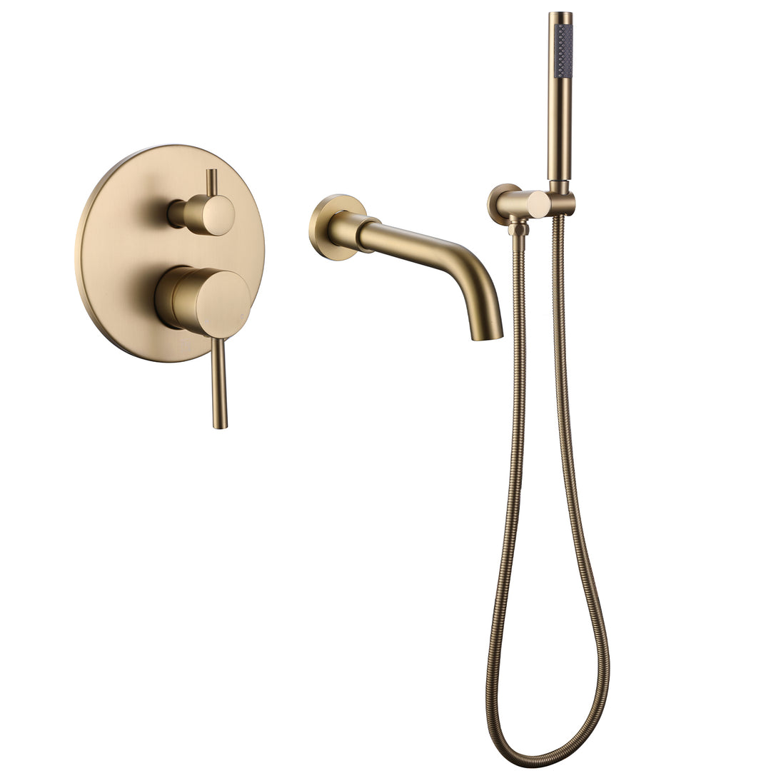 Wall Mounted Bathtub Faucet With Handheld Shower in Brushed Gold