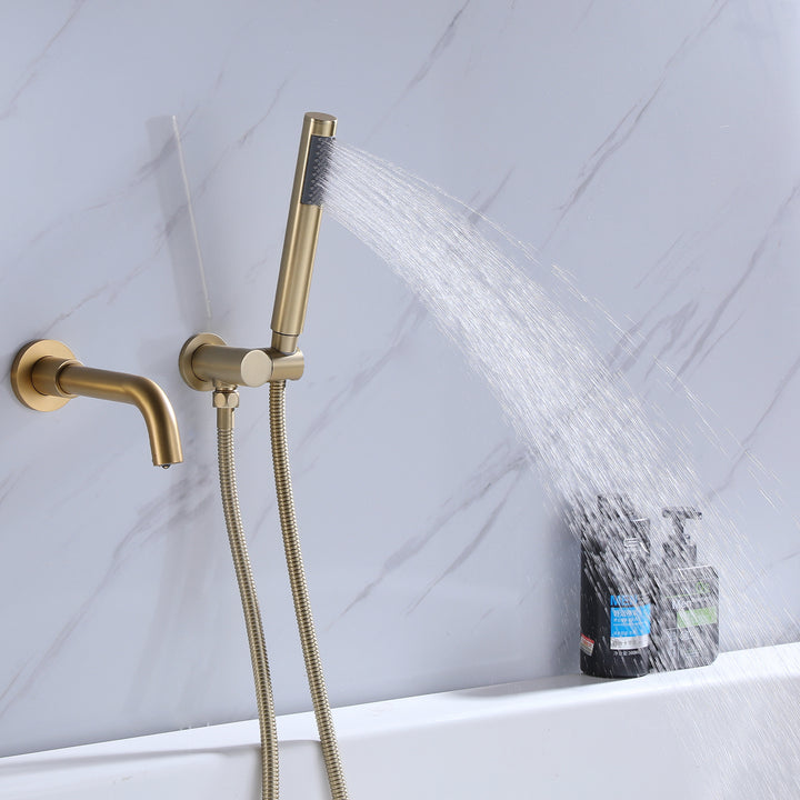 Wall Mounted Bathtub Faucet With Handheld Shower in Brushed Gold