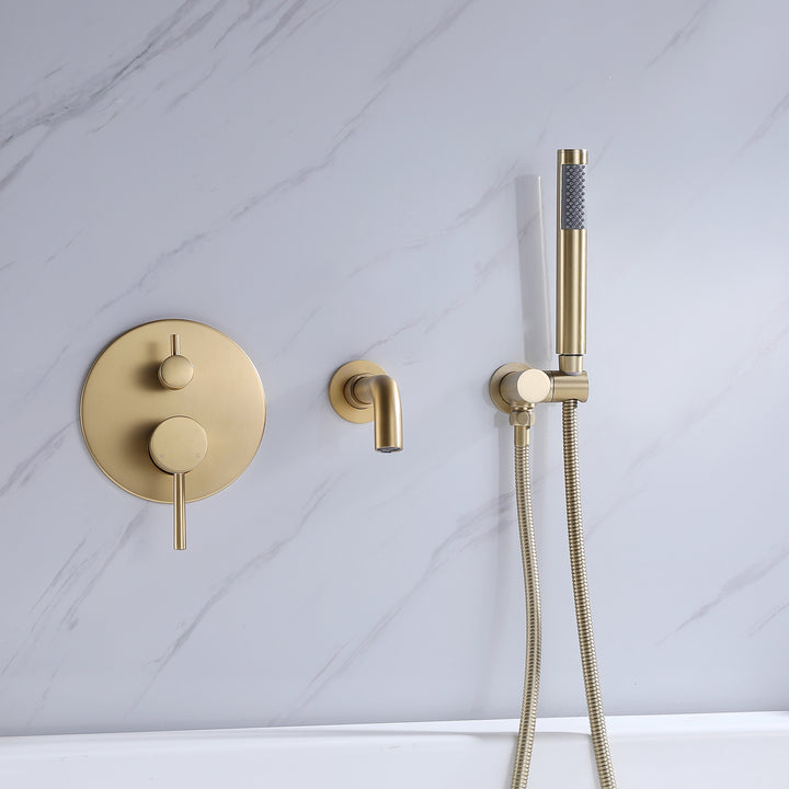 Wall Mounted Bathtub Faucet With Handheld Shower in Brushed Gold