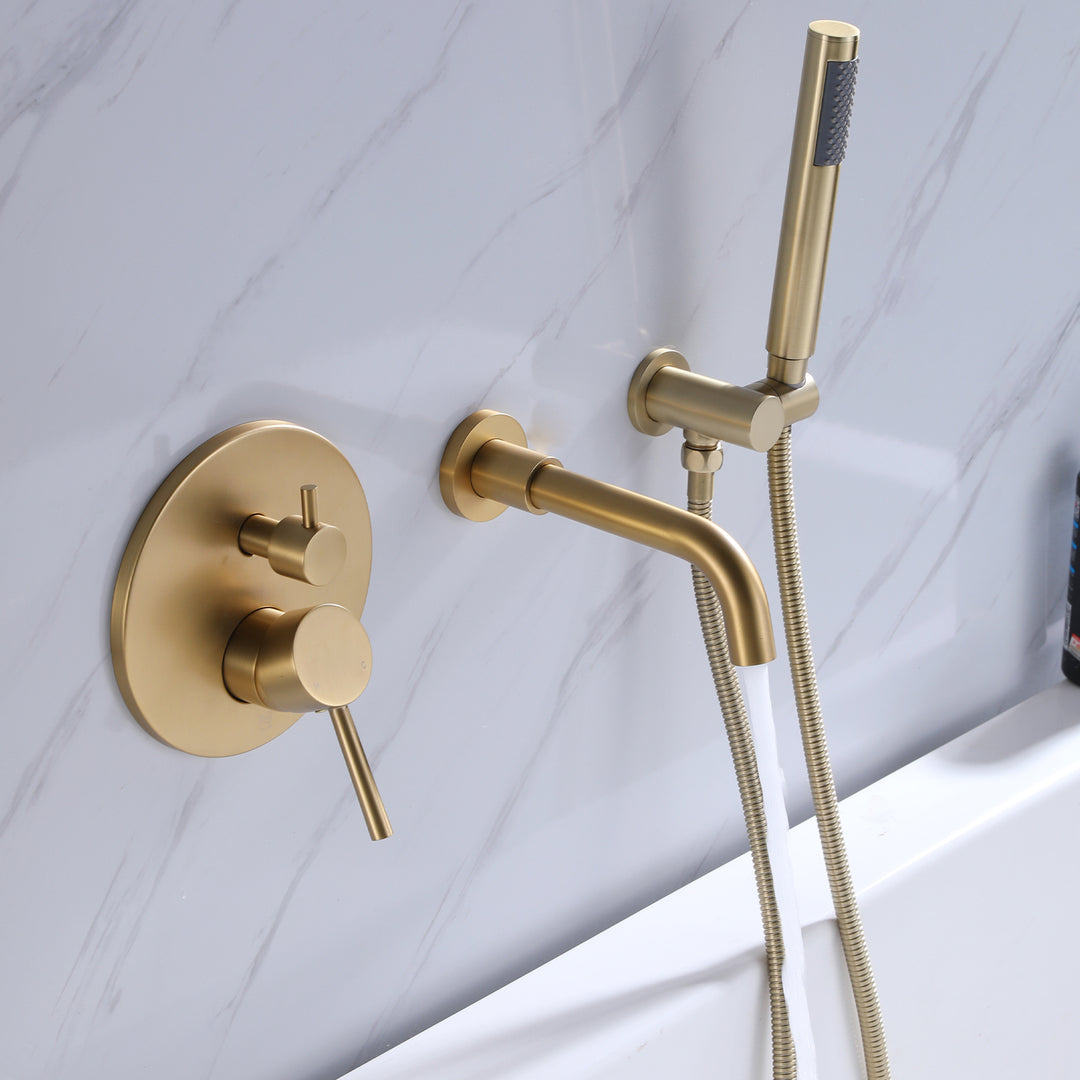 Wall Mounted Bathtub Faucet With Handheld Shower in Brushed Gold