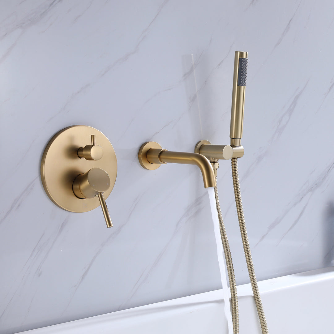 Wall Mounted Bathtub Faucet With Handheld Shower in Brushed Gold