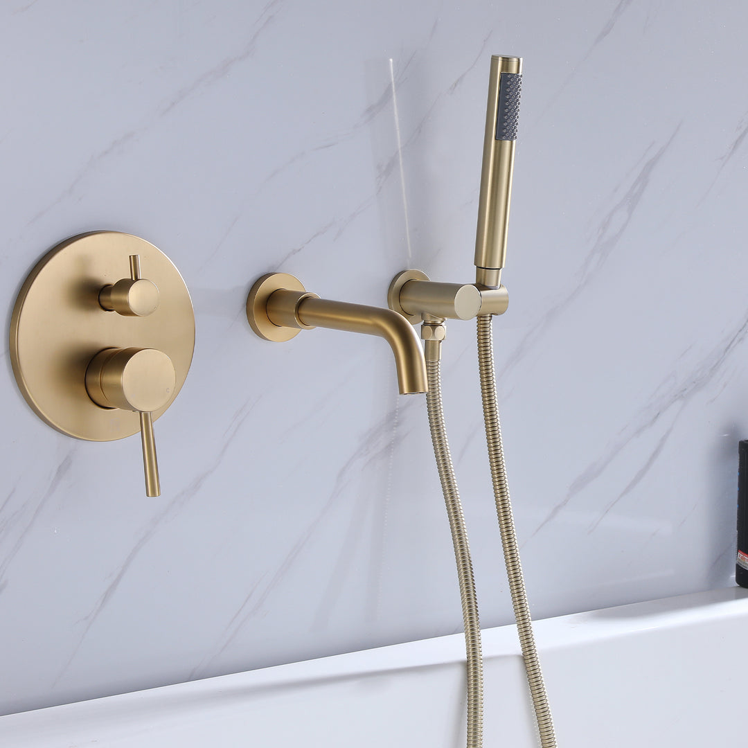 Wall Mounted Bathtub Faucet With Handheld Shower in Brushed Gold