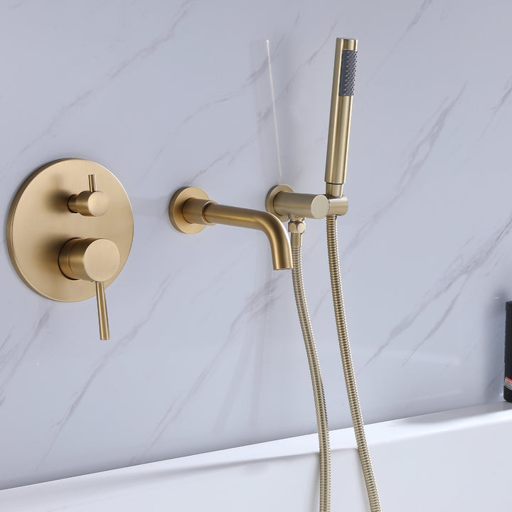 Wall Mounted Bathtub Faucet With Handheld Shower in Brushed Gold