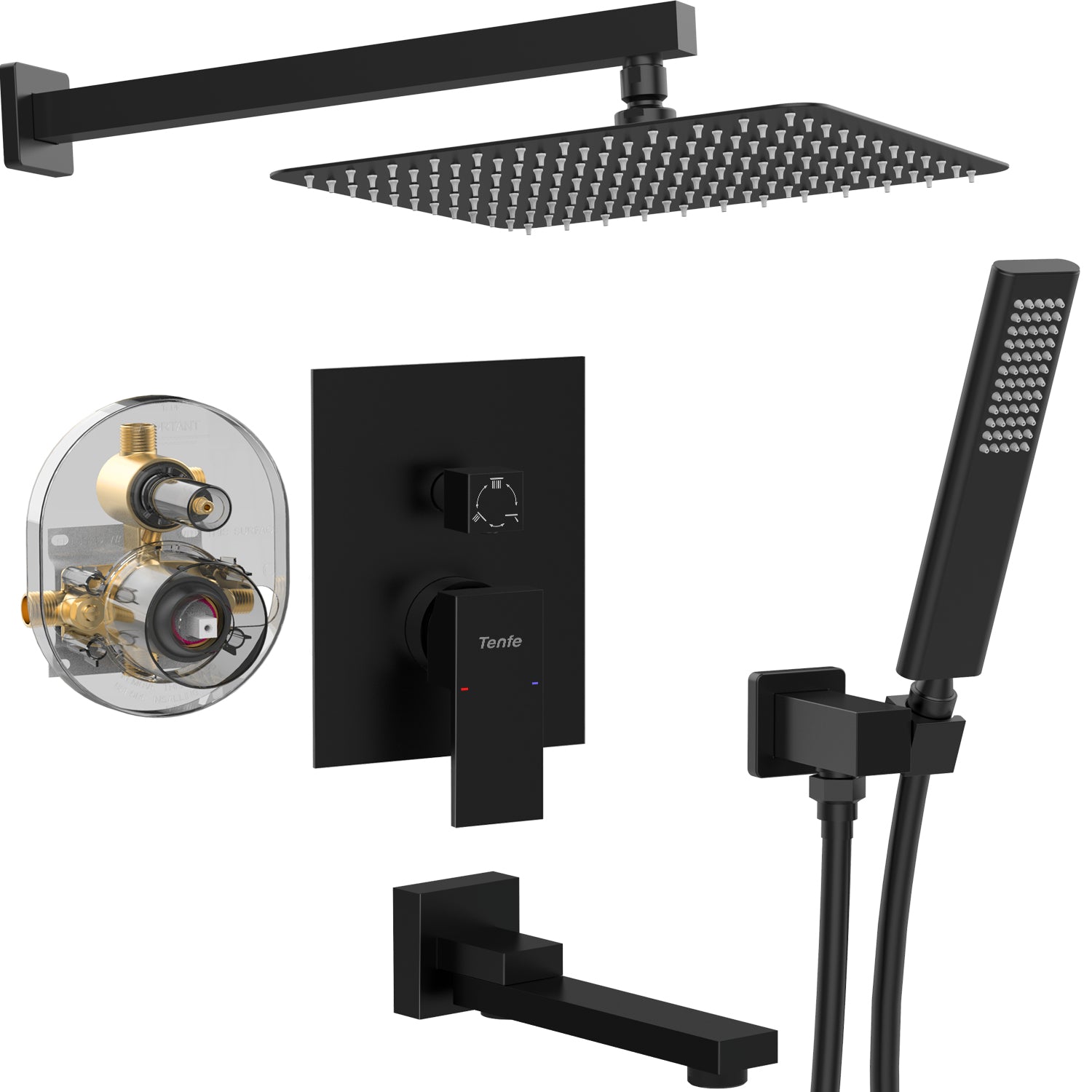 Matte Black Shower System with 10/12 Inch Rain and Handheld Shower Head