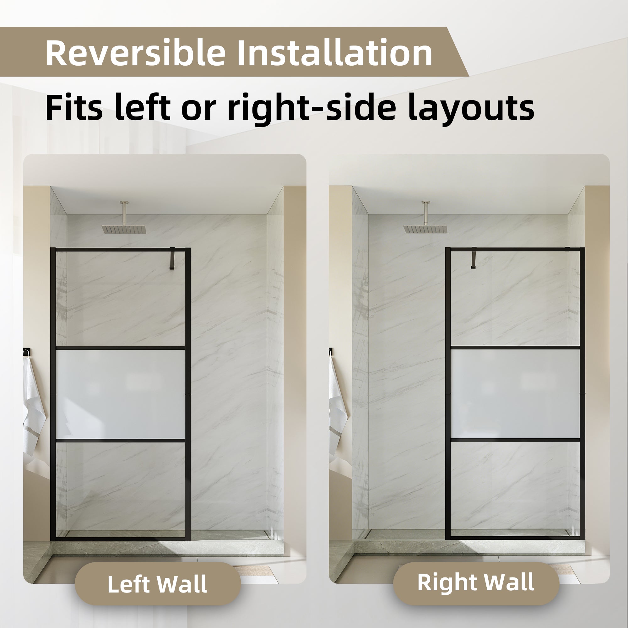 33 5/8-34” x 72” Frosted Tempered Glass Shower Door Panel, Fixed Walk-In Shower Screen with Matte Black Frame