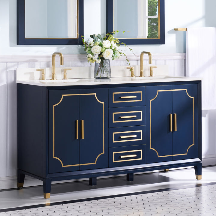 Melody 60 in. W x 22 in. D x 35 in. H Freestanding Bathroom Vanity in Navy Blue with Carrara White Quartz Vanity Top