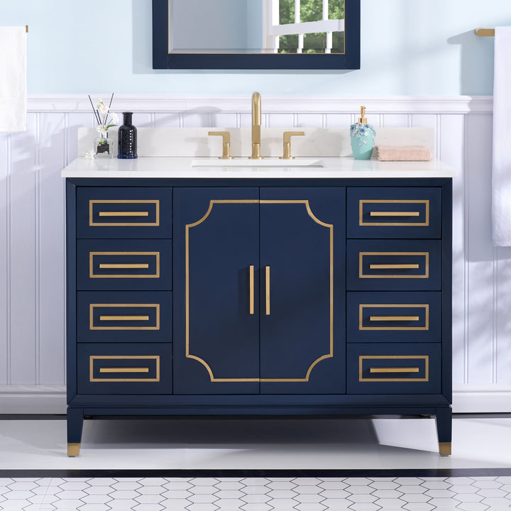Melody 48 in. W x 22 in. D x 35 in. H Freestanding Bathroom Vanity in Navy Blue with Carrara White Quartz Vanity Top