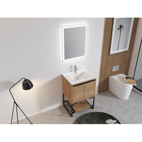 24" Freestanding Bathroom Vanity with White Resin Rectangle Sink, Soft-Close Cabinet Doors,Open Shelf for Towels