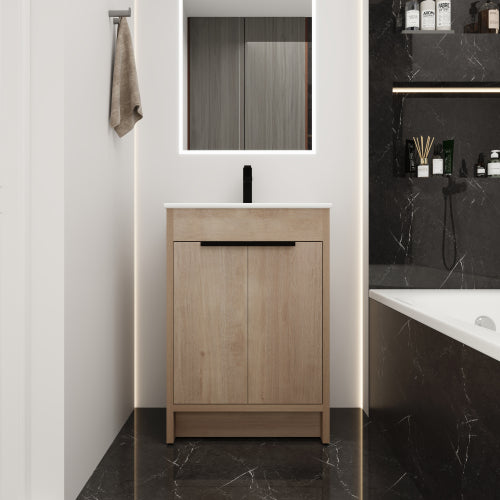 24 inch Freestanding Bathroom Vanity with White Ceramic Sink & 2 Soft-Close Cabinet Doors