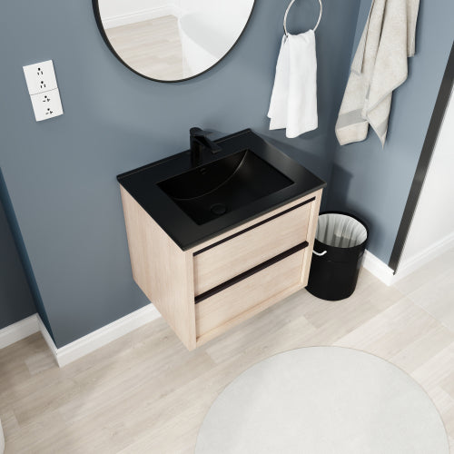 24" Bathroom Vanity, With Black Ceramic Sink And 2 Soft Close Drawers