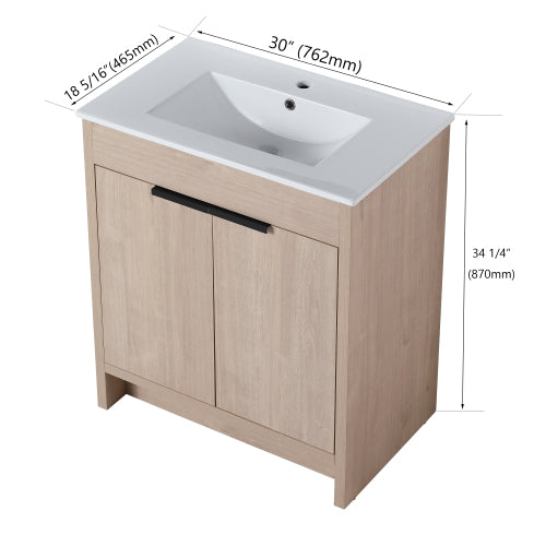 30" Freestanding Bathroom Vanity with White Ceramic Sink & 2 Soft-Close Cabinet Doors